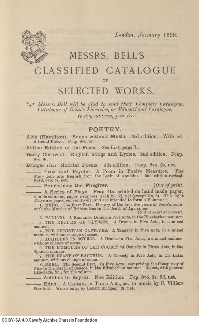 18.5 x 12 cm; 12 s.p. + 564 p. + 48 appendix p. + 2 s.p., l. 1 bookplate CPC and handwritten signature of C. P. Cavafy in bla